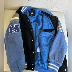Detroit Lions Jacket Light Blue Grey and White, Leather